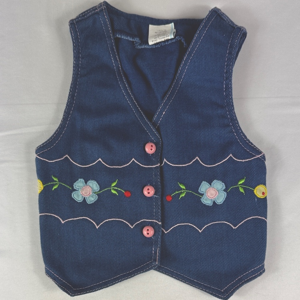 Vintage 90’s Embroidered Denim Vest with Floral Design for Toddler Girl